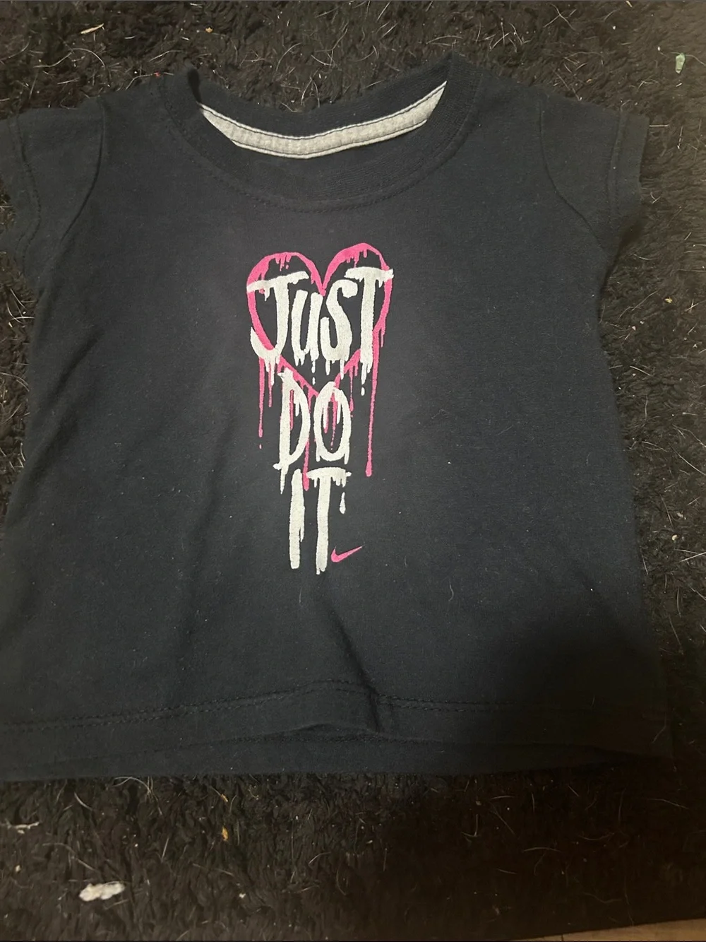 Nike Black Kids Tee with Pink and White Drip Heart 'Just Do It' Graphic